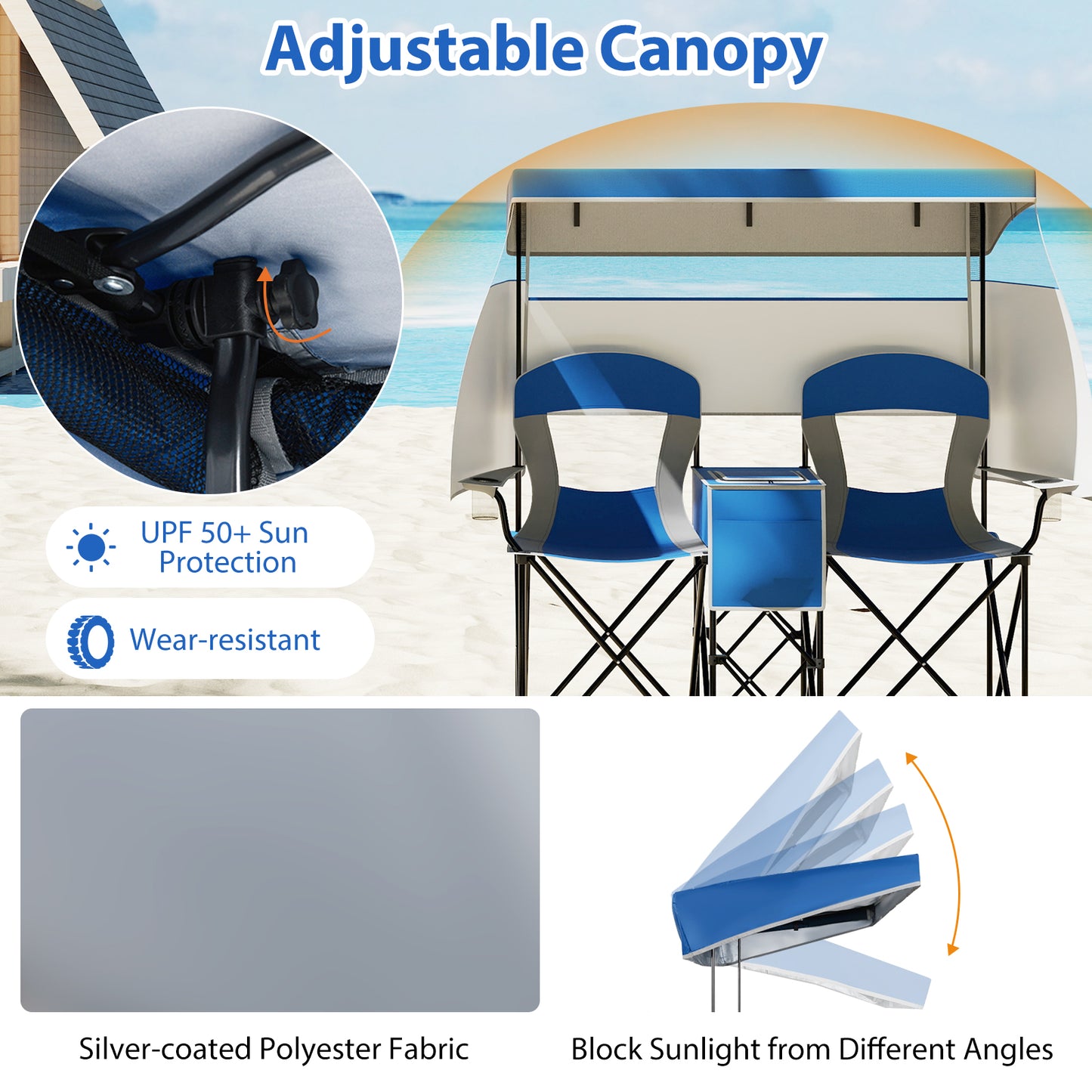 Double Beach Chair with Adjustable Canopy and Cup Holders-Navy