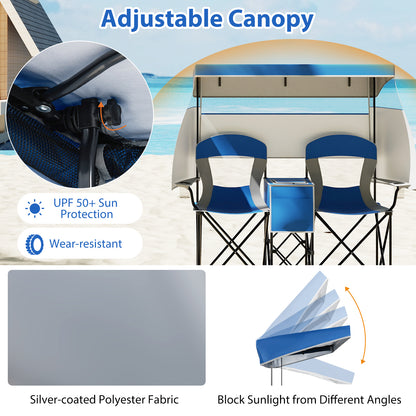 Double Beach Chair with Adjustable Canopy and Cup Holders-Navy
