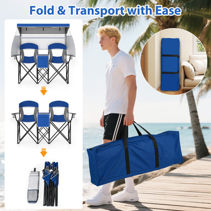 Double Beach Chair with Adjustable Canopy and Cup Holders-Navy