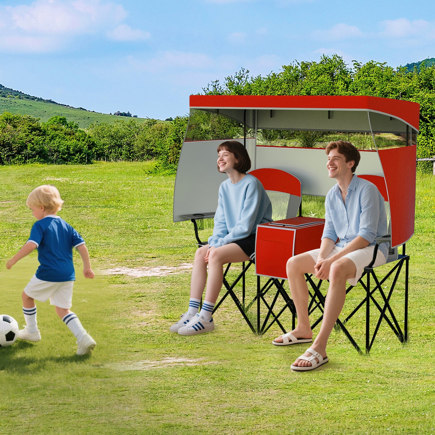 Double Beach Chair with Adjustable Canopy and Cup Holders-Red