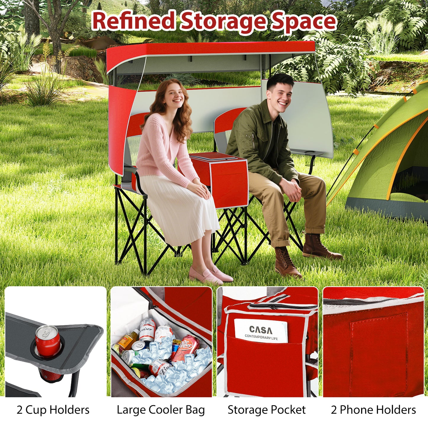Double Beach Chair with Adjustable Canopy and Cup Holders-Red