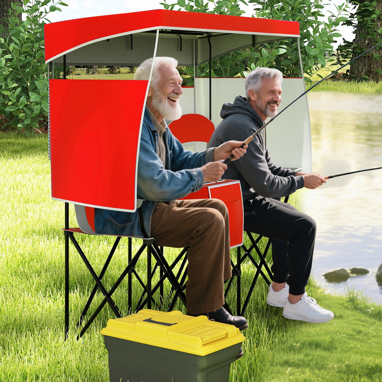 Double Beach Chair with Adjustable Canopy and Cup Holders-Red