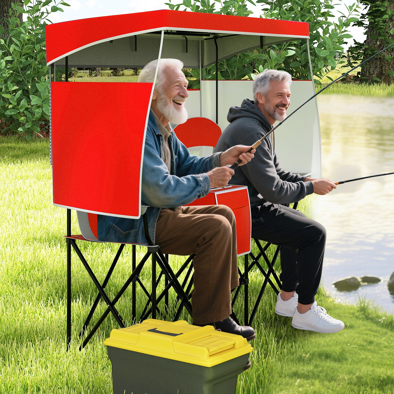 Double Beach Chair with Adjustable Canopy and Cup Holders-Red
