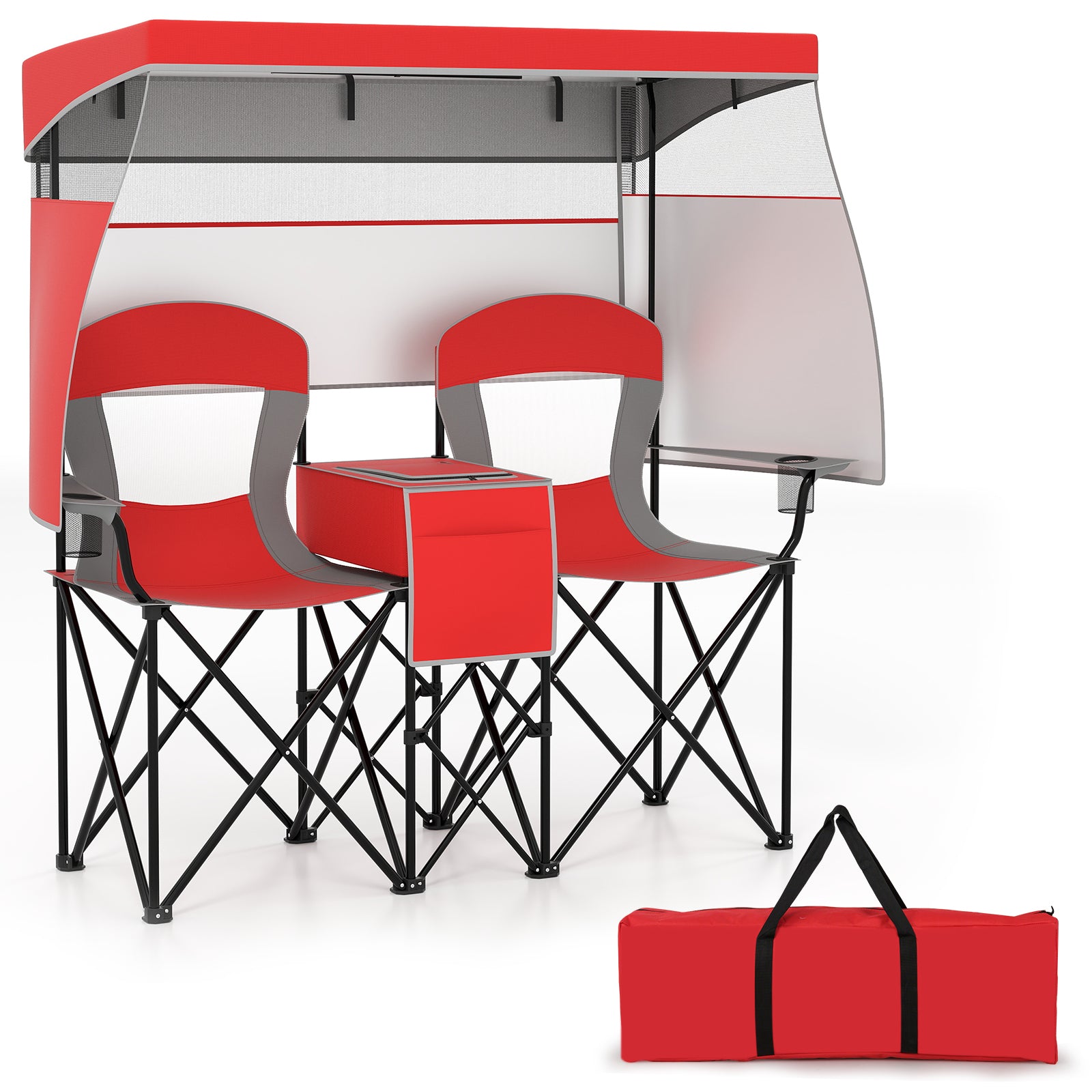 Double Beach Chair with Adjustable Canopy and Cup Holders-Red