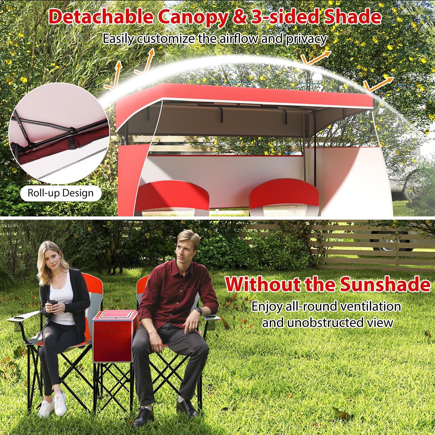 Double Beach Chair with Adjustable Canopy and Cup Holders-Red
