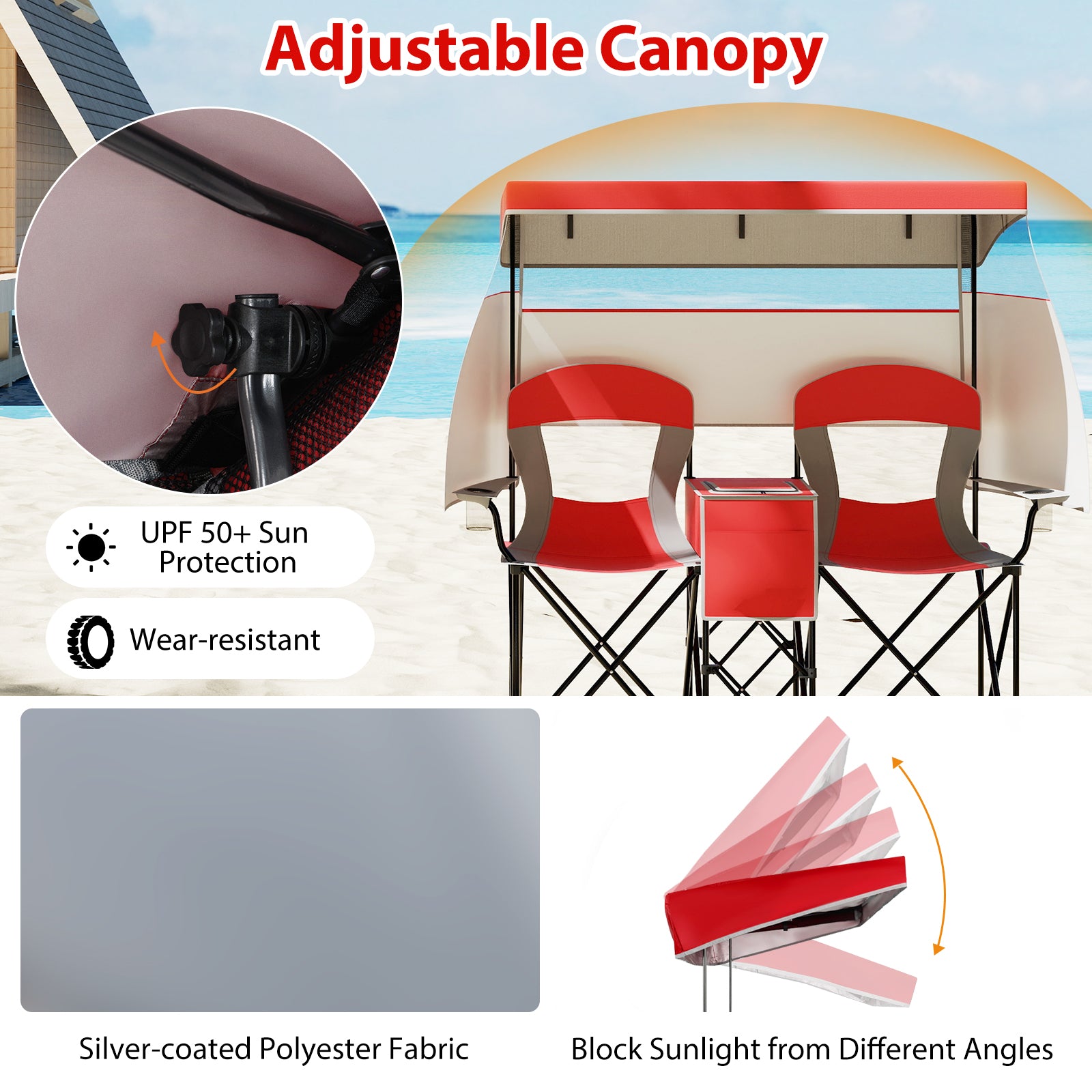 Double Beach Chair with Adjustable Canopy and Cup Holders-Red