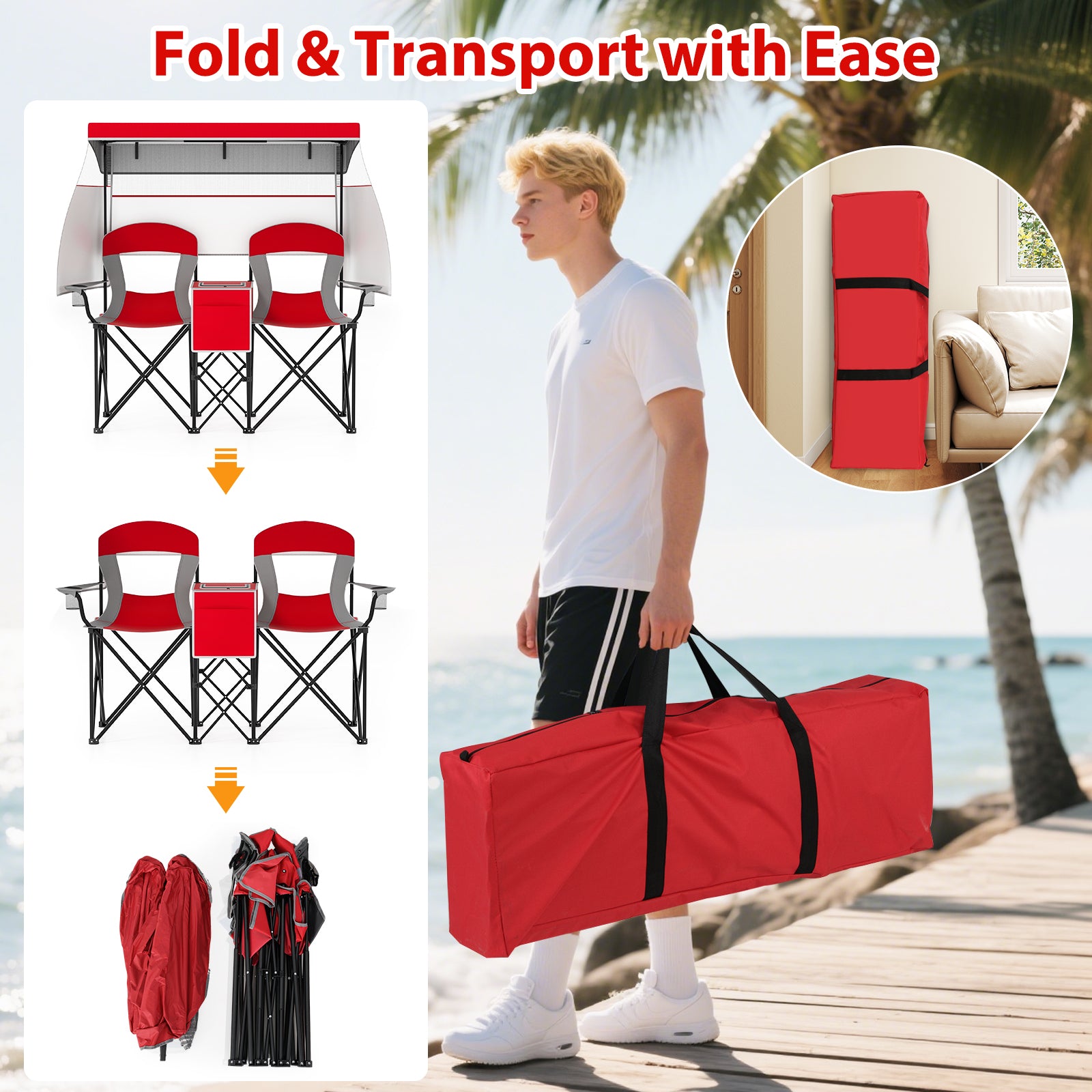 Double Beach Chair with Adjustable Canopy and Cup Holders-Red
