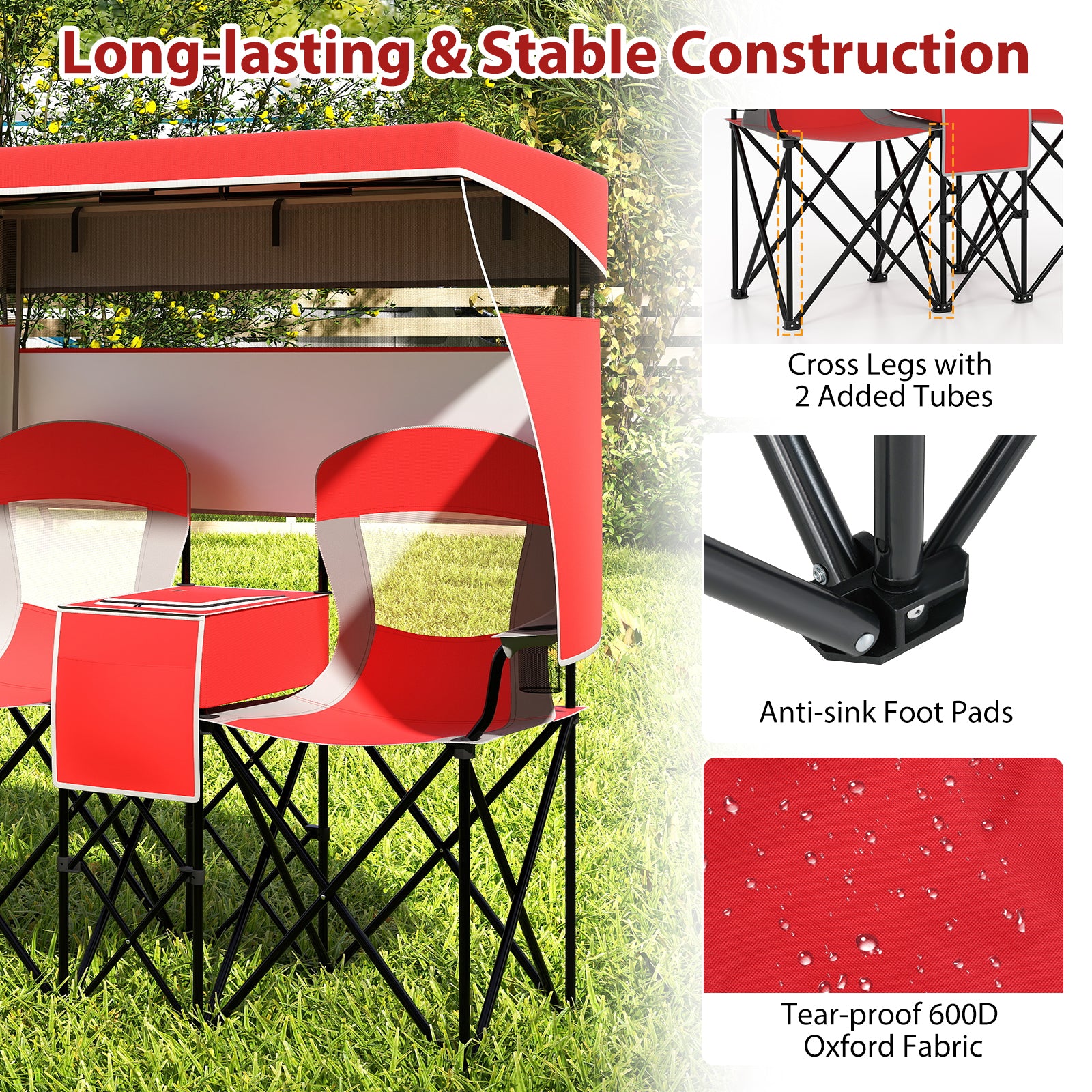 Double Beach Chair with Adjustable Canopy and Cup Holders-Red