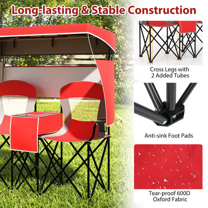 Double Beach Chair with Adjustable Canopy and Cup Holders-Red