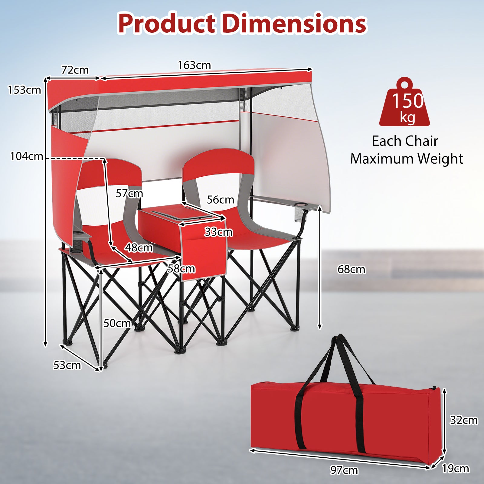 Double Beach Chair with Adjustable Canopy and Cup Holders-Red