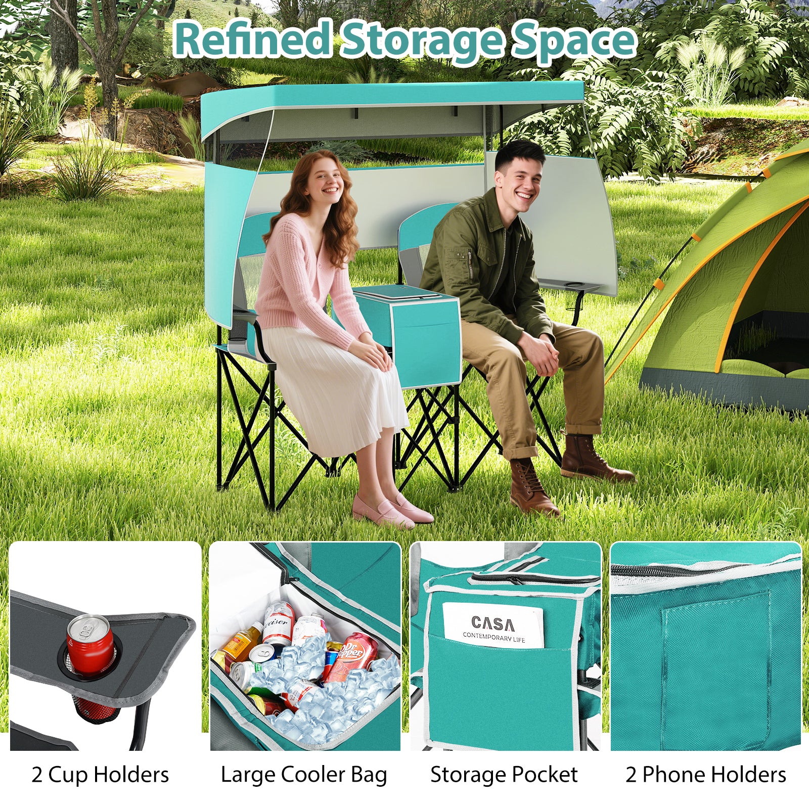 Double Beach Chair with Adjustable Canopy and Cup Holders-Turquoise