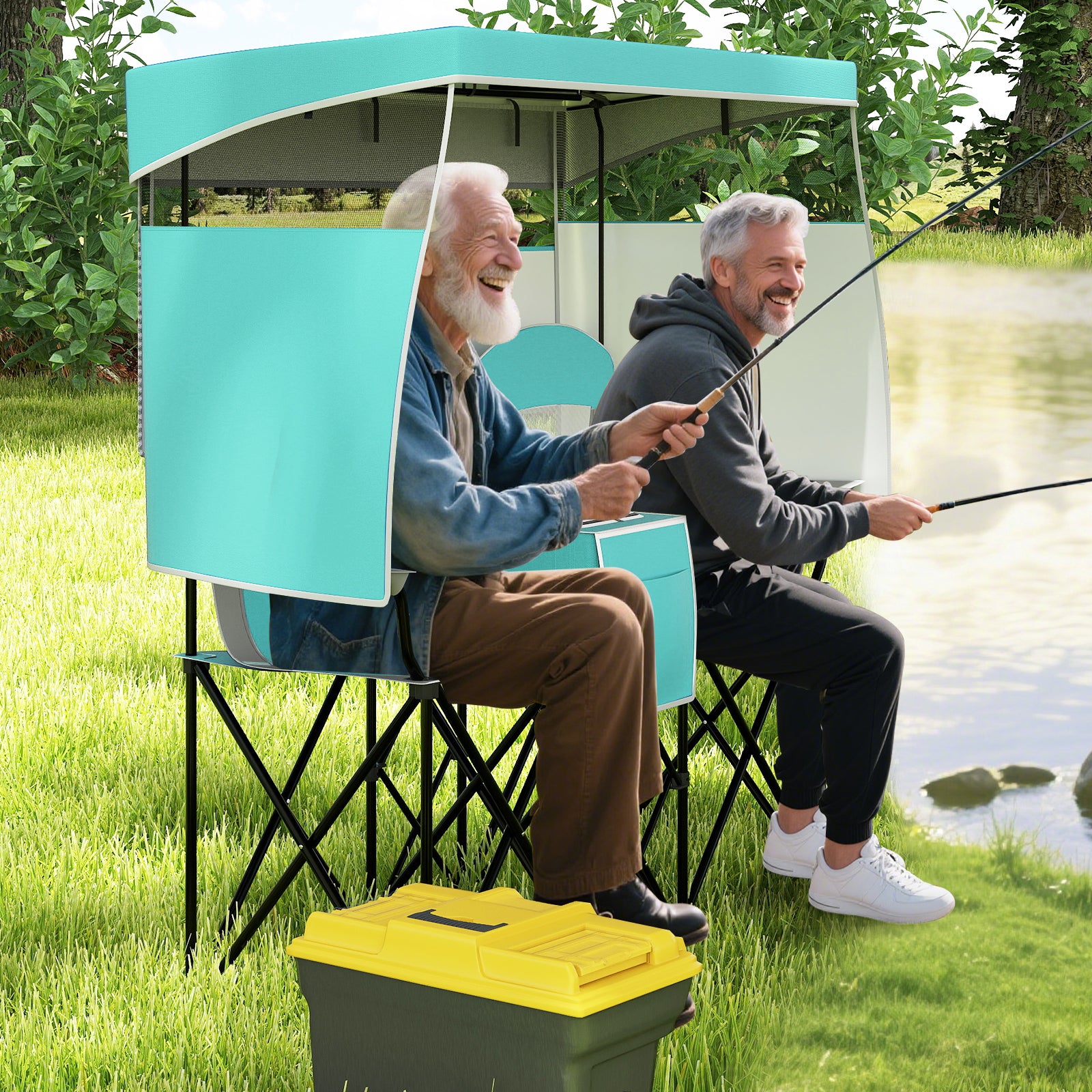 Double Beach Chair with Adjustable Canopy and Cup Holders-Turquoise