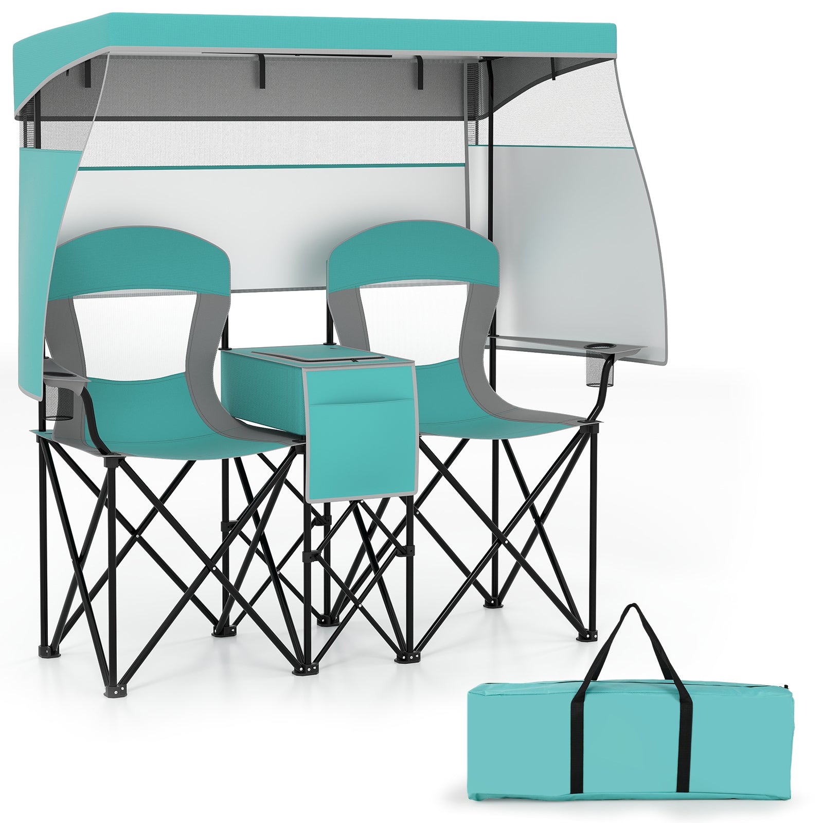 Double Beach Chair with Adjustable Canopy and Cup Holders-Turquoise