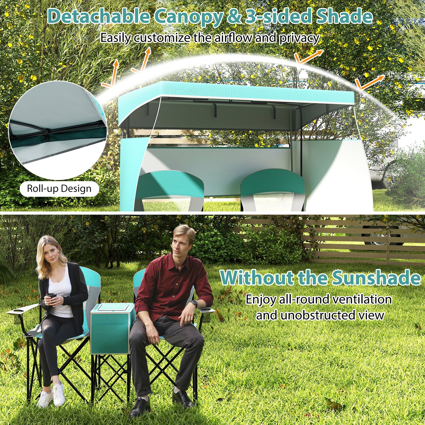 Double Beach Chair with Adjustable Canopy and Cup Holders-Turquoise