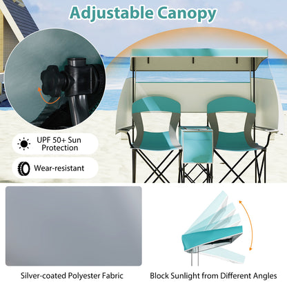 Double Beach Chair with Adjustable Canopy and Cup Holders-Turquoise