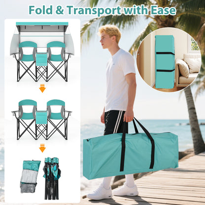 Double Beach Chair with Adjustable Canopy and Cup Holders-Turquoise