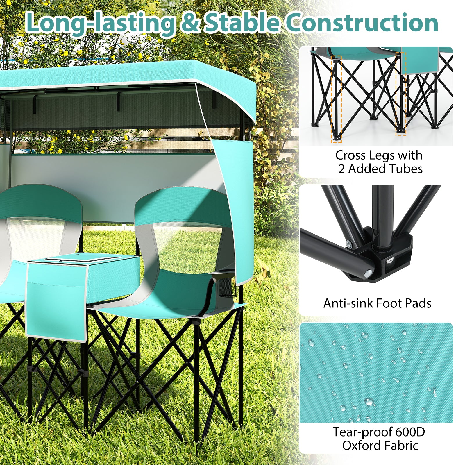 Double Beach Chair with Adjustable Canopy and Cup Holders-Turquoise