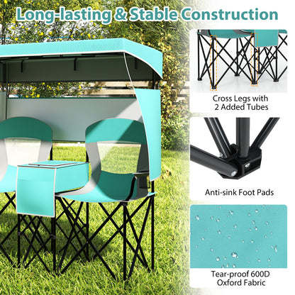 Double Beach Chair with Adjustable Canopy and Cup Holders-Turquoise
