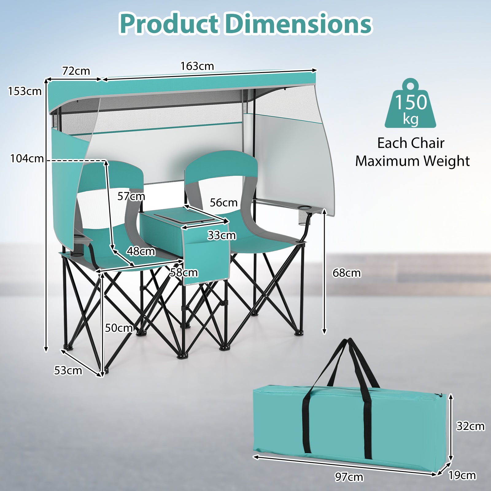 Double Beach Chair with Adjustable Canopy and Cup Holders-Turquoise