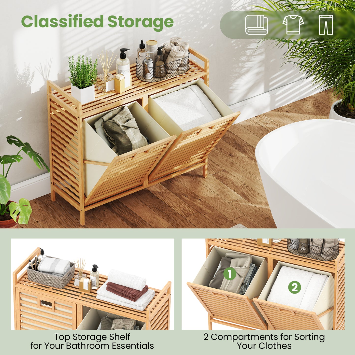Double Tilt-out Laundry Hamper Dual Laundry Basket Organizer-Natural
