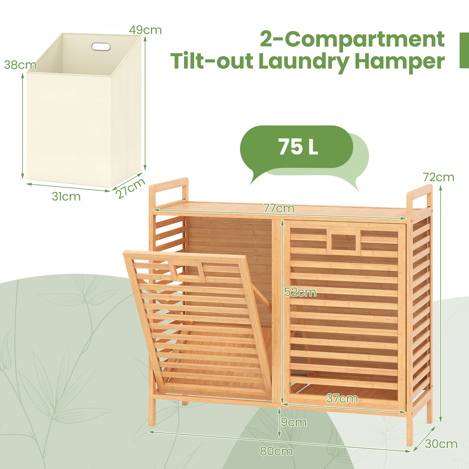 Double Tilt-out Laundry Hamper Dual Laundry Basket Organizer-Natural
