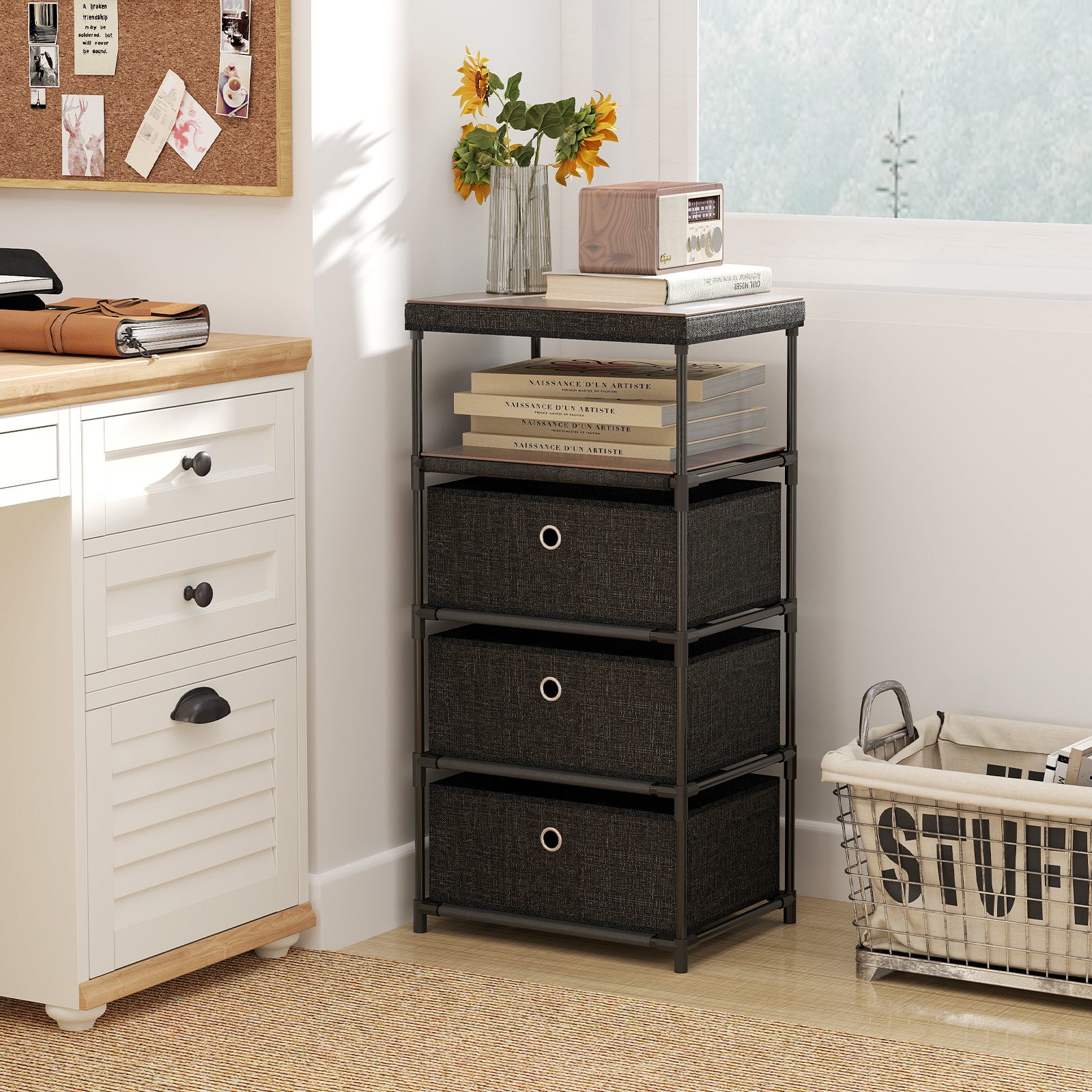 Dresser with 3 Drawers and Wood Top for Living Room Entryway-Black