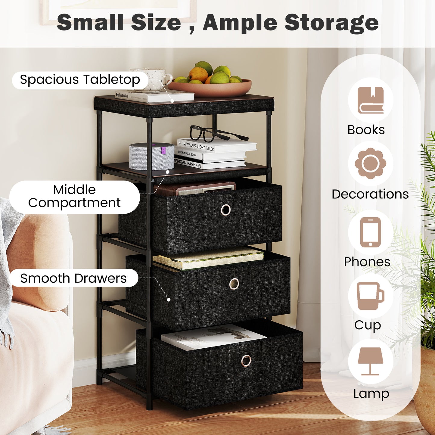 Dresser with 3 Drawers and Wood Top for Living Room Entryway-Black