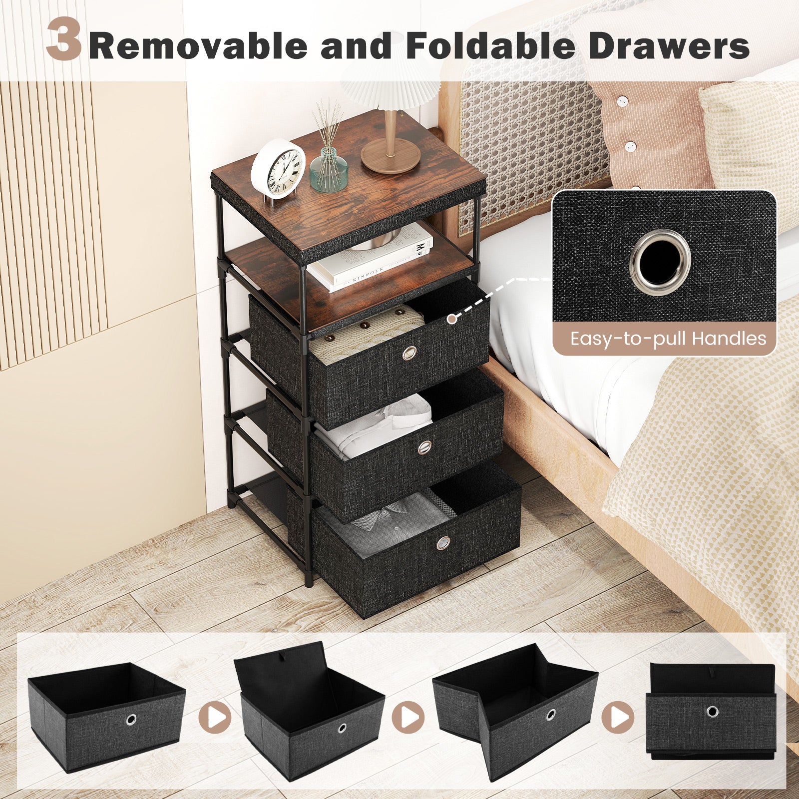 Dresser with 3 Drawers and Wood Top for Living Room Entryway-Black
