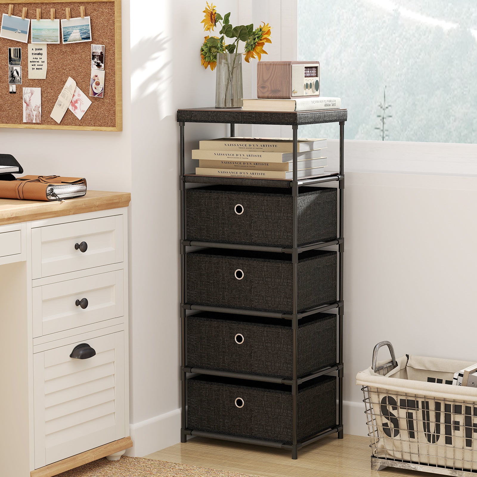 Dresser with 4 Drawers and Wood Top for Living Room Entryway-Black