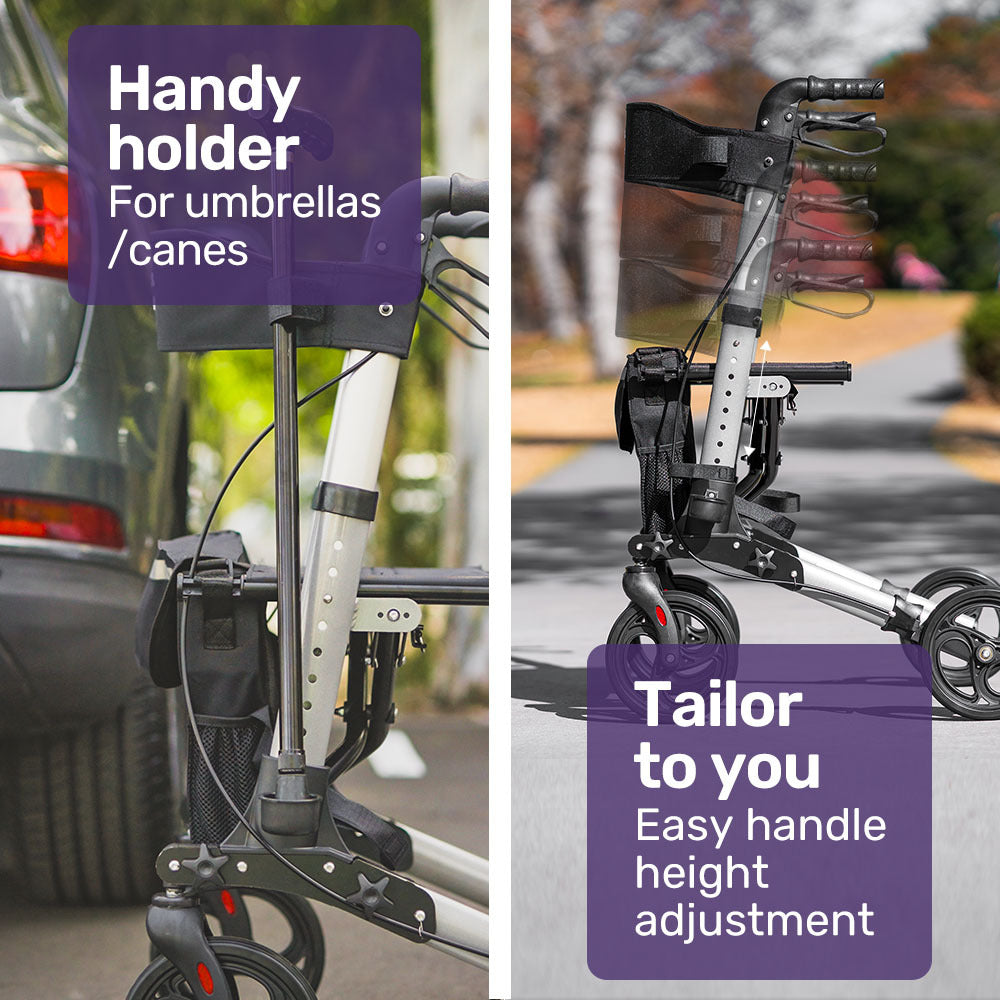 Lightweight Aluminium Rollator with Padded Seat and Large Wheels - Silver
