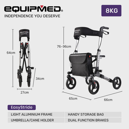 Lightweight Aluminium Rollator with Padded Seat and Large Wheels - Silver