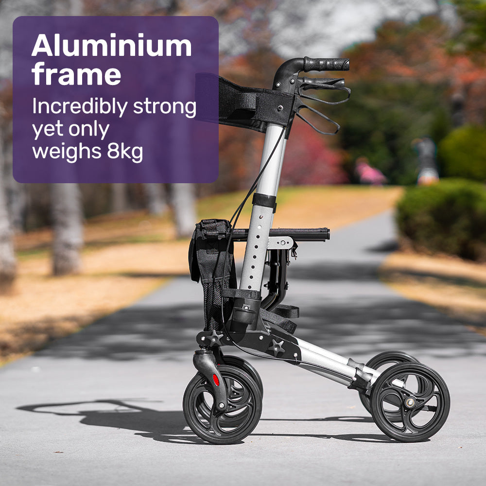 Lightweight Aluminium Rollator with Padded Seat and Large Wheels - Silver
