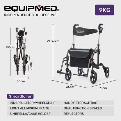 SmartRoller 2-in-1 Aluminum Rollator & Transit Wheelchair - Lightweight & Ergonomic
