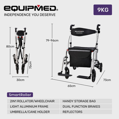 Convertible Rollator & Transit Wheelchair with Lightweight Aluminum Frame