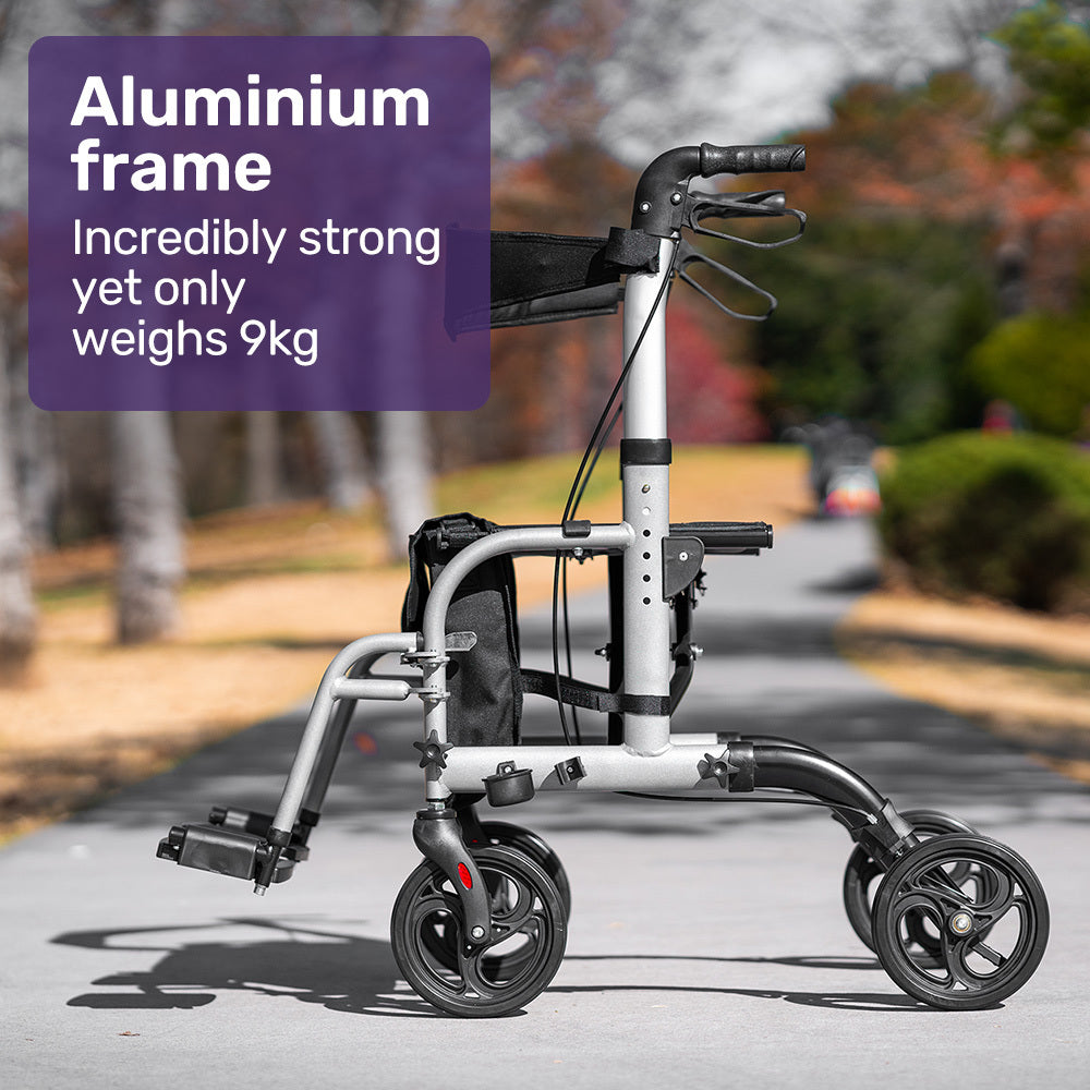 Convertible Rollator & Transit Wheelchair with Lightweight Aluminum Frame