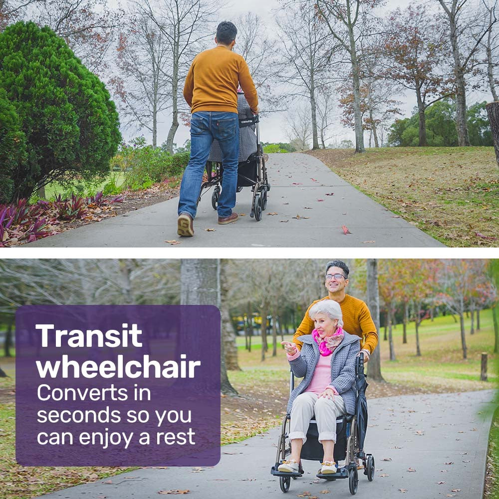 Convertible Rollator & Transit Wheelchair with Lightweight Aluminum Frame