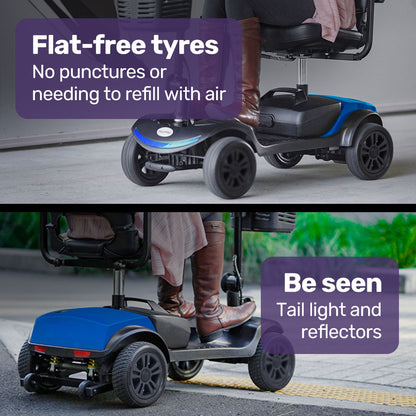Compact Electric Mobility Scooter with Swivel Seat, Anti-Tip Wheels, and Storage