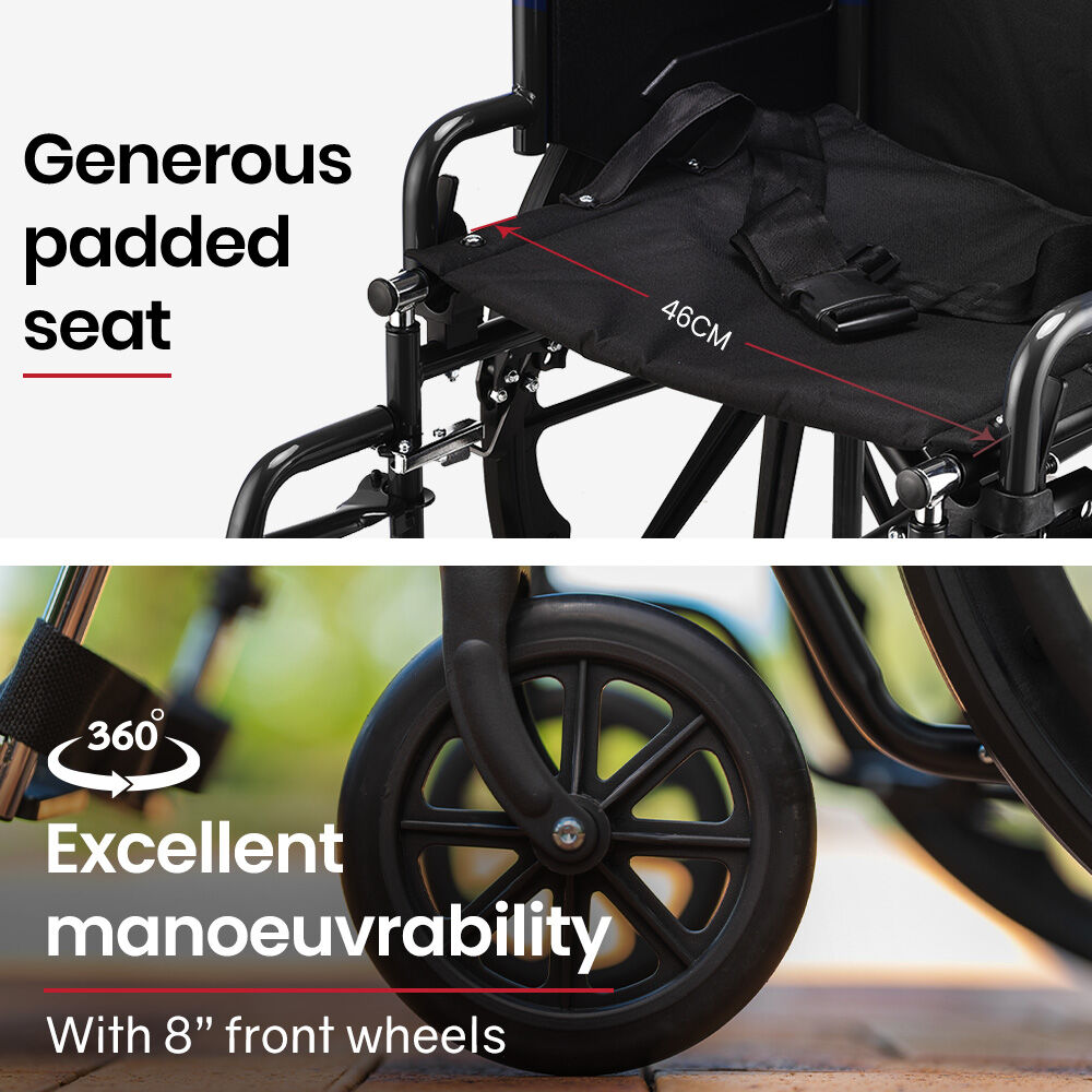 24" Folding Wheelchair with 136kg Capacity & Retractable Armrests - Black