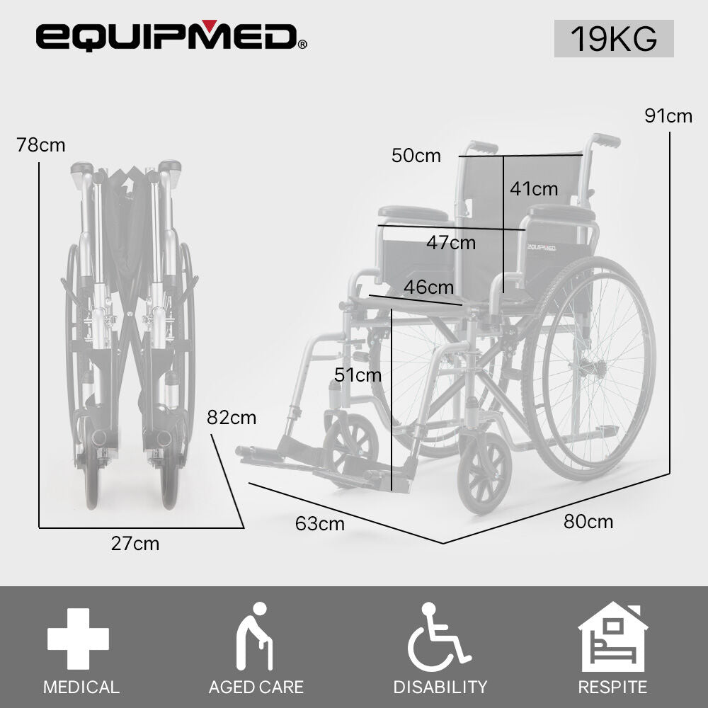 24" Folding Wheelchair, 136kg Capacity, Retractable Armrests, Adjustable Footrests