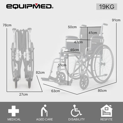 24" Folding Wheelchair, 136kg Capacity, Retractable Armrests, Adjustable Footrests