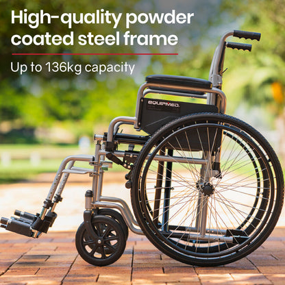 24" Folding Wheelchair, 136kg Capacity, Retractable Armrests, Adjustable Footrests
