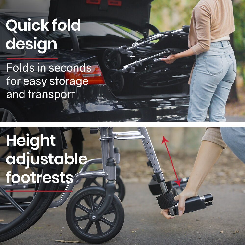 24" Folding Wheelchair, 136kg Capacity, Retractable Armrests, Adjustable Footrests
