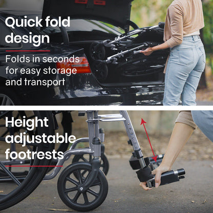 24" Folding Wheelchair, 136kg Capacity, Retractable Armrests, Adjustable Footrests
