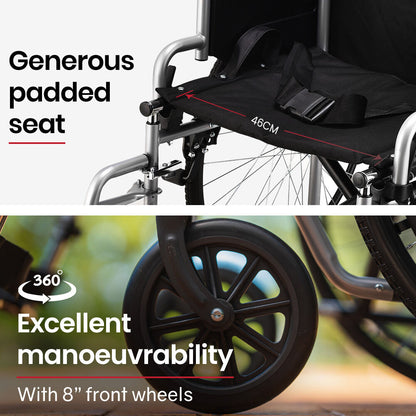 24" Folding Wheelchair, 136kg Capacity, Retractable Armrests, Adjustable Footrests