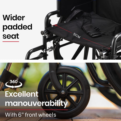 XL-Wide Quick-Folding Wheelchair with 0.6m Rear Tyres, 136kg Capacity - Black