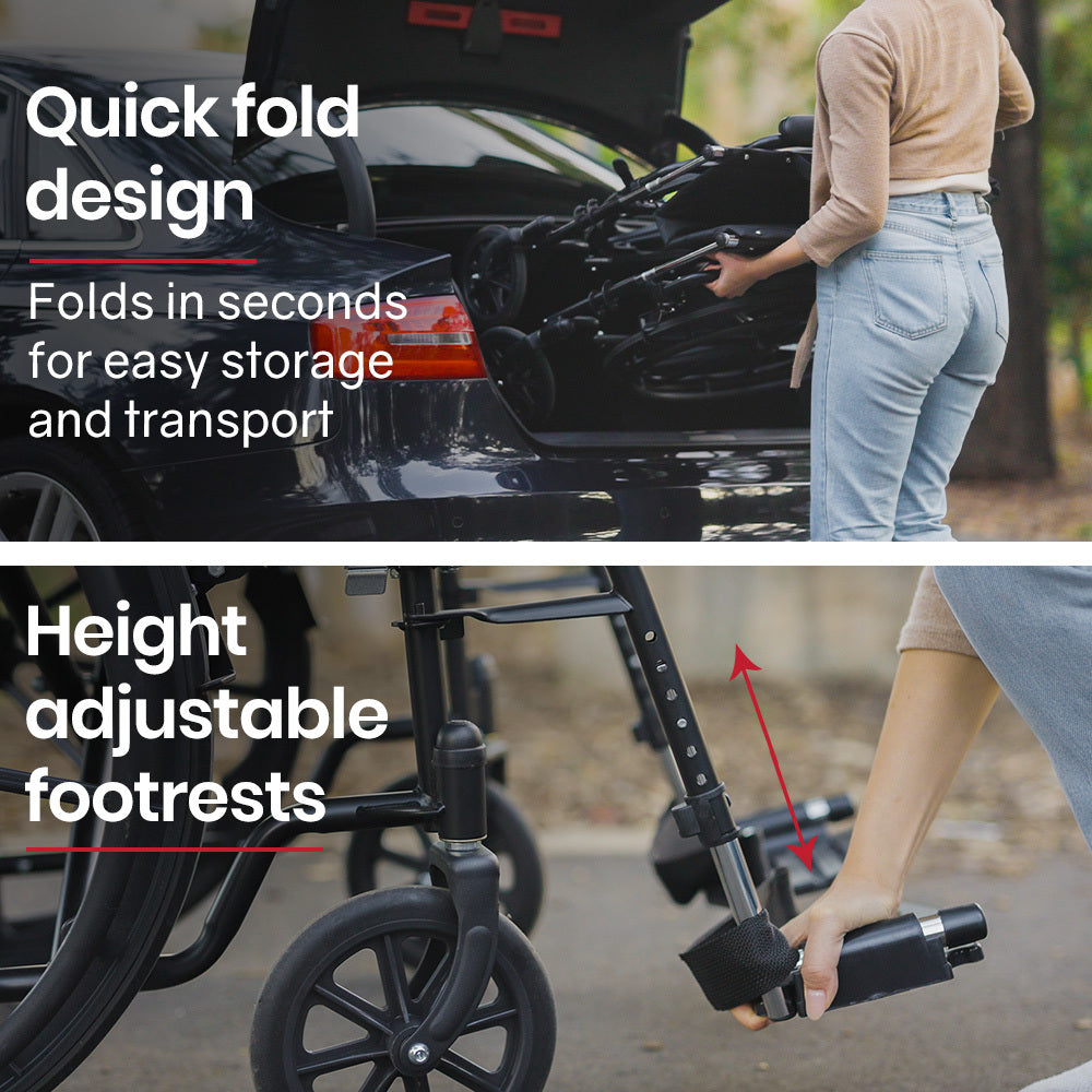 XL-Wide Quick-Folding Wheelchair with 0.6m Rear Tyres, 136kg Capacity - Black