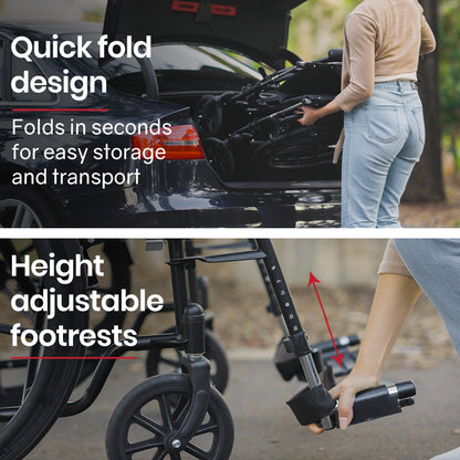 XL-Wide Quick-Folding Wheelchair with 0.6m Rear Tyres, 136kg Capacity - Black