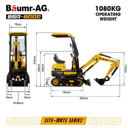 1T Mini Excavator + 6 Attachment Bundle, 12.3kN Digging Force, 720-900mm Hydraulic Adjustable Tracks