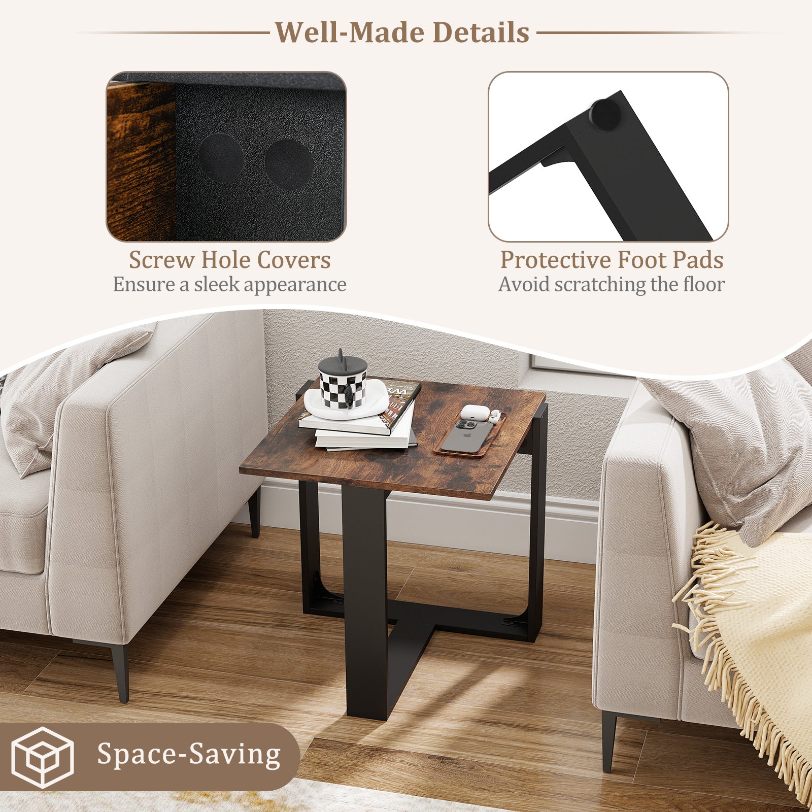 End Table Industrial Sofa Side Table with Metal Frame-Coffee-1 piece
