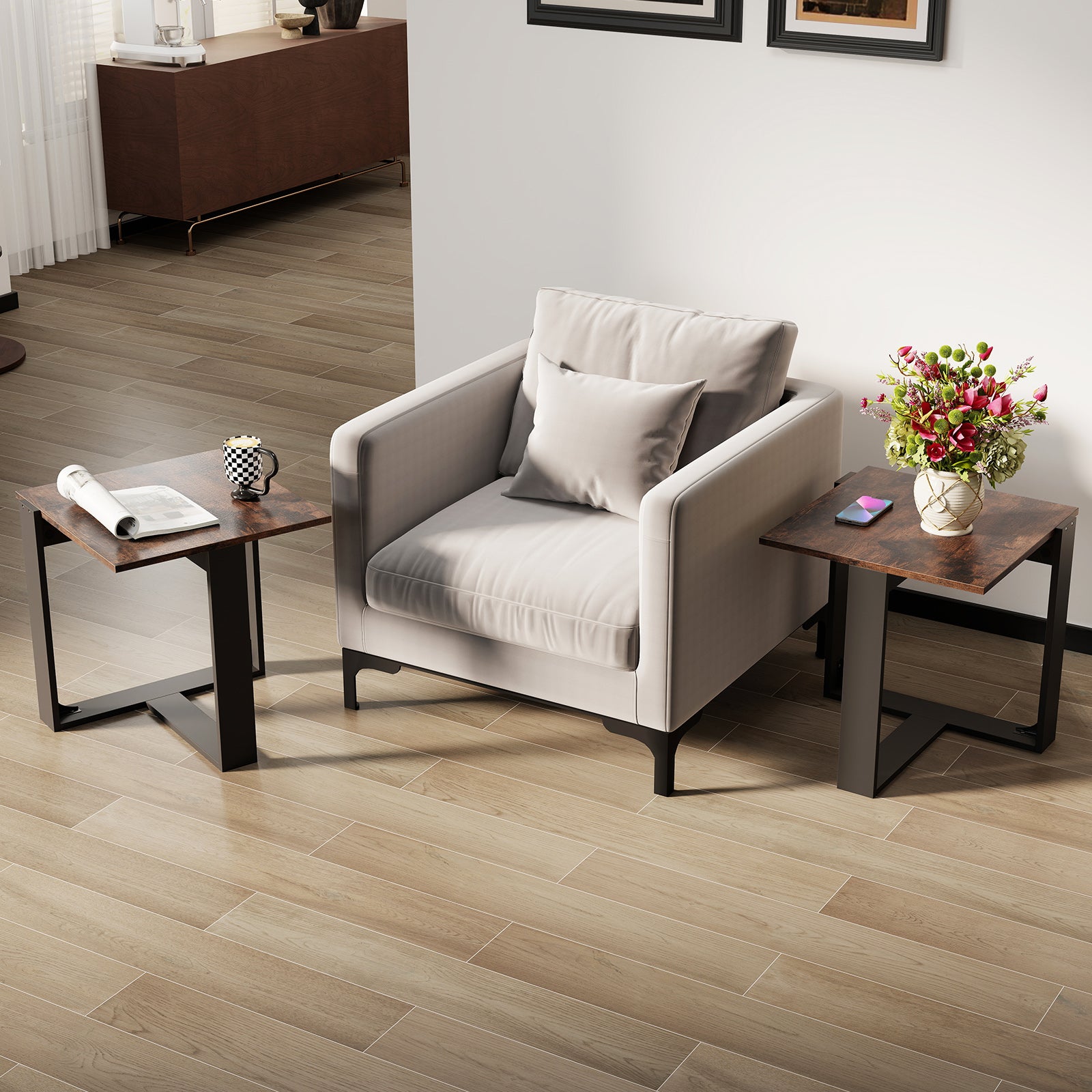 End Table Industrial Sofa Side Table with Metal Frame-Coffee-1 piece